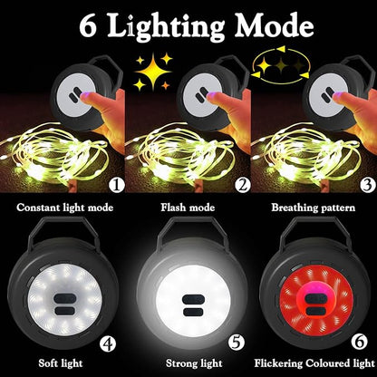 Retractable Camping String Lights Reel, Portable Stowable Rechargeable Strip Light, Waterproof Tent Lantern for Outdoor Hiking Awning Garden Party Festival Decor (Black)