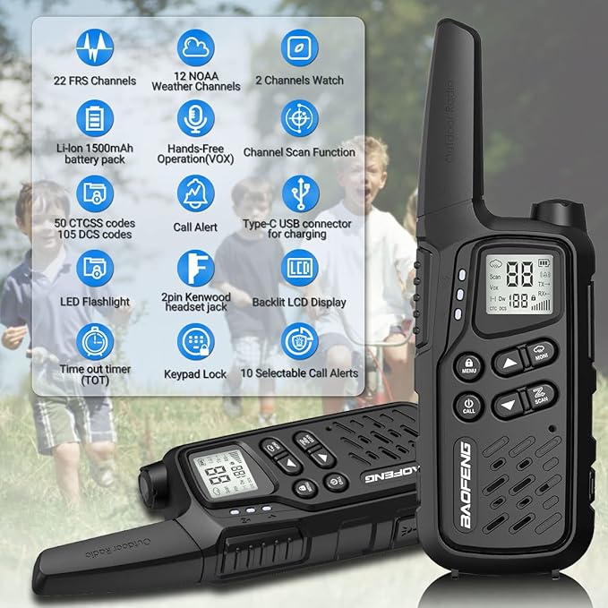 Walkie Talkies, Walkie Talkies for Adults Long Range MP25 Family Walkie Talkie with NOAA Weather Alerts Flashlight and Type-C Charging Cable for Camping Gear Hiking Trip(Black,Include Battery)