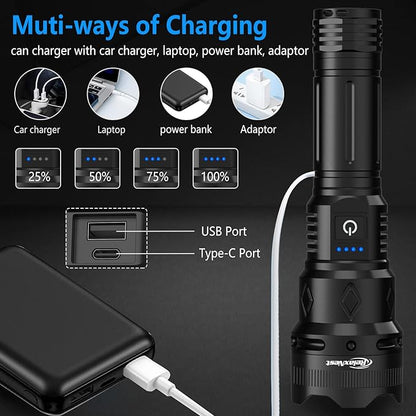 Rechargeable Flashlights High lumens, Powerful 300000LM Tactical Flashlights, 5 Modes LED Flashlight Zoomable, Brightest Flashlight Waterproof, Handheld Flash Light for Home, Emergencies, Camping