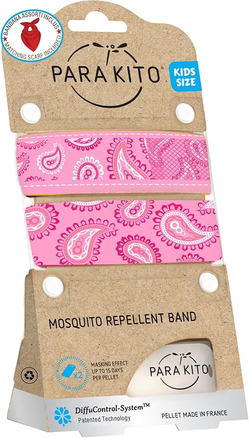 PARA'KITO Mosquito Repellent Bundle - Kids Insect Protection Bracelet + Bandana | Waterproof & DEET-Free Bug Spray Alternative for Hiking, Camping Accessories, Summer Vacation Essentials (Pink)