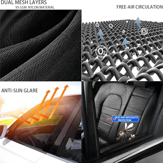 [2025] Car Window Screen for Chevrolet Silverado1500 2019-2025 Large Pickup SUV Camping 4 Pcs Car Window Shades Bug Mosquito Net,Breathable Mesh Netting UV Protector for Front and Rear Side Window