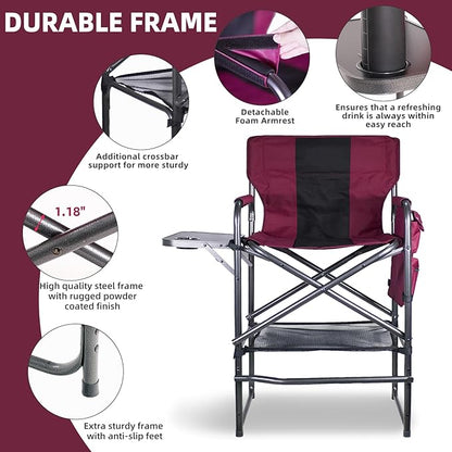 30" Tall Directors Chair with Side Table, 400LBS Bar Height Folding Camping Chair for Makeup Artists, Outdoor Events, Portable Foldable Chair with Cup Holder & footrest - Wine Red/Black
