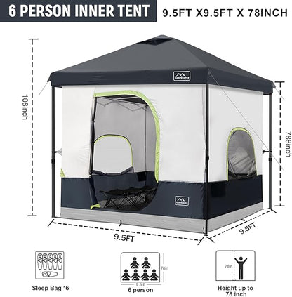 KAMPKEEPER 6 Person Camping Tent, 10x10 Pop Up Canopy Tent with Camping Inner Tent, Converts 10'x10' Straight Leg Canopy into Camping Tent–Fully Vented Roof(Canopy & Frame Included)