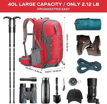 Maelstrom Hiking Backpack,Camping Backpack,40L Waterproof Hiking Daypack with Rain Cover,Lightweight Travel Backpack,Red