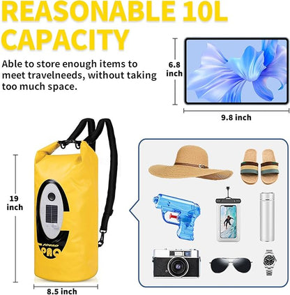 Solar Dry Bag Backpack 10L,Built-in Bluetooth Speaker & LED(4 Lighting Modes),Solar or USB Rechargeable,IP66 Waterproof Floating