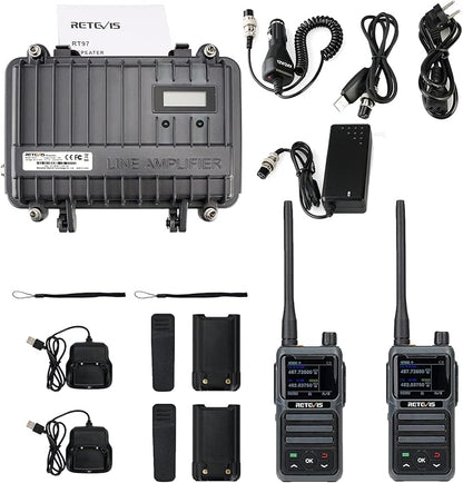 Retevis RT97 GMRS Repeater Communication Set, Full Duplex Radio Repeater(1 Pack) and GMRS Handheld Walkie Talkies(2 Pack), Designed for RV Camping, Farm, Remote Area, Emergency Rescue