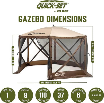 CLAM Pop Up Screen Tent & Shelter, Outdoor Camping Gazebo w/ 6 Wind Panels, 11.5', Brown
