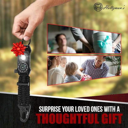 Men's Keychain | 11-in-1 LED Carabiner Lanyard Key Chain Fires Starter for Camping, Fishing, Hunting & Outdoor Emergencies Multipurpose Survival Tool Emergency Whistle, Flint Rod