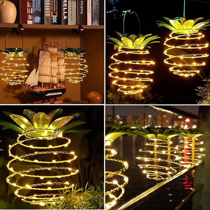 Tcamp 2 Pack 60LEDS Pineapple Solar Lights Outdoor Solar Lights Hanging Solar Lantern with Handle, Solar Powered Garden Outdoor Decorative Pineapple Lights for Patio Yard Porch Path (Warm White)