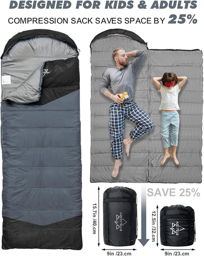 Sleeping Bag for Adults Cold Weather & Warm, Lightweight Backpacking Camping Hiking Essentials Gear for Kids 10-12 Girls Boys Compact w/Compression Sack Indoor Outdoor Sleep Must Haves