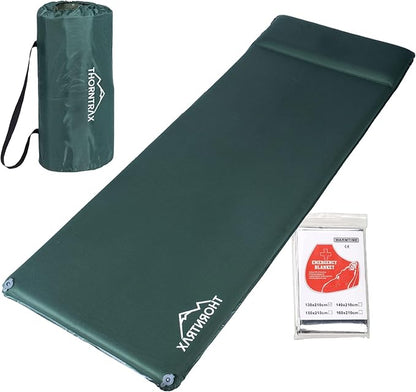 Throntrax Camping Sleeping Pad - Ultralight Camping Mat with Pillow Built-in - 3.1" Thick | Self-Inflating & Suitable for All Seasons - Compact Sleeping Pad for Camping - Green
