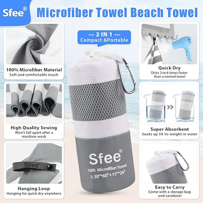 Sfee 2 in 1 Microfiber Beach Towel, Quick Dry Towel Camping Towel Travel Towel Super Absorbent Compact Lightweight Sports Towel Gym Towel Set for Beach, Gym, Hiking, Pool, Backpacking, Bath, Yoga