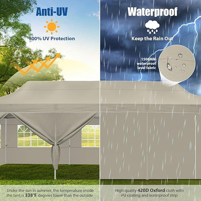 HOTEEL 10x30 Pop up Canopy Tent for Parties, Heavy Duty Easy Setup Tent with 8 Sidewalls, Outdoor Commercial Instant Gazebo for Wedding Event, with Portable Bag & Sand Bags, Khaki(Hexagonal Frame)