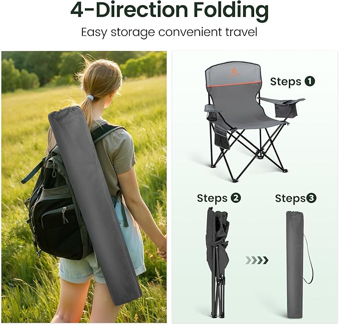 HIGH POINT SPORTS 2 Pack Portable Camping Chair for Adults, Folding Outdoor Camp Chair Lightweight Lawn Chairs Folding Collapsible Chair for Camping, Tailgates, Beach, Gray, Support 250 lbs