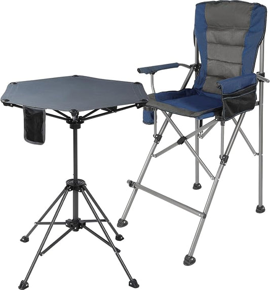 Extra Tall Folding Chairs & Adjustable Height Folding Table Set, Portable Outdoor Bar Table & Foldable Director Chairs with High Back and Storage Bag for Backyard,Beach,Travel