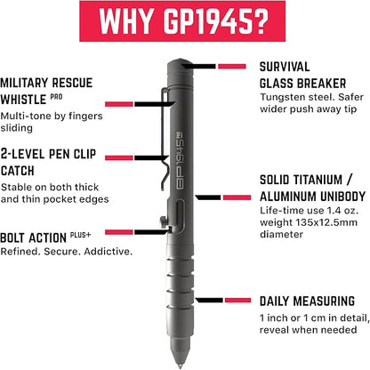 GPCA - GP 1945 Bolt Action Pen PRO, Smart Alternative to a Pen Light, EDC Pen Multitool with Rescue Whistle, Measurement on grip, Survival Gear for Camping, Titanium, Dark