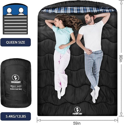 0 Degree Flannel Double Sleeping Bag for Adults, Couples or Family - Winter Queen Size Waterproof & Warm 2-Person Sleeping Bag for Cold Weather Camping, RV Travel