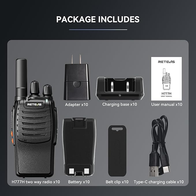 Retevis H-777H Walkie Talkies,Rechargeable Two Way Radio, Hidden Display,Channel Display,USB-C,Short Antenna,Handheld 2 Way Radio with Emergency Alarm for Business Education (10 Pack)