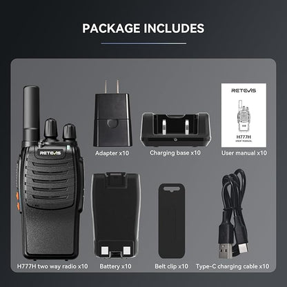 Retevis H-777H Walkie Talkies,Rechargeable Two Way Radio, Hidden Display,Channel Display,USB-C,Short Antenna,Handheld 2 Way Radio with Emergency Alarm for Business Education (10 Pack)