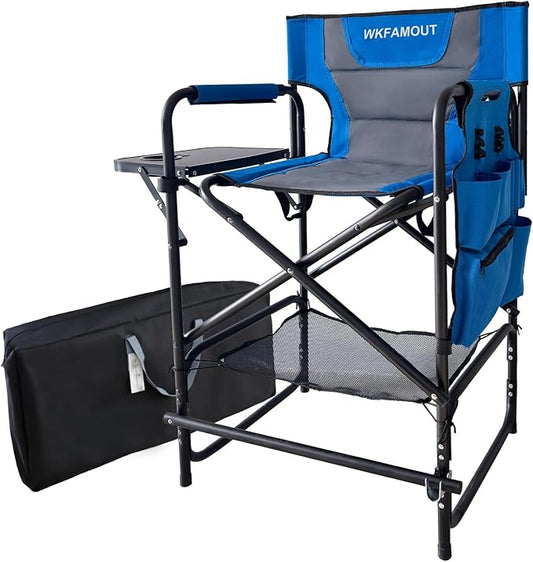 Tall Folding Directors Chair with Side Table 26.77" Seat Height Foldable Camping Chair Bar Stool for Makeup Artist Face Painting with Footrest and Storage Pocket Supports 350LBS