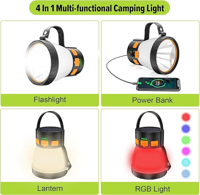 2 Pack LED Camping Lantern, 1500 Lumens Camping Lantern Rechargeable with Solar Panel Charging, Waterproof, 8 Light Modes, 7500mAh Power Bank, Camping Flashlight for Hurricane Emergency, Outdoor