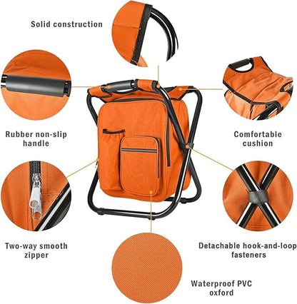 Kikerike Backpack Stool Cooler Chair Heavy Duty 400 LBS Max Load Portable Lightweight Stool Backpack Folding Fishing Cooler Seat for Camping Hunting Fishing - Orange