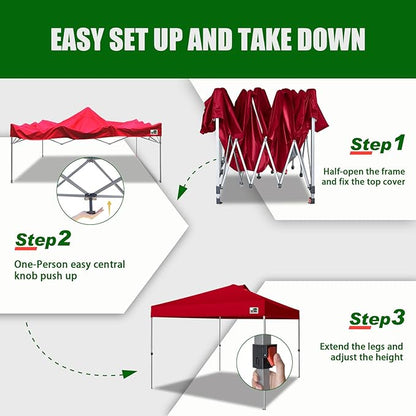 Eurmax USA NOMATTER ONE-Person Open&Close 10x10ft Pop Up Canopy Tent，Portable Shelter Canopy for Outdoor Events，Instant Canopies, Temporary Sunshade,Bonus 4 Sand Bags(Red)