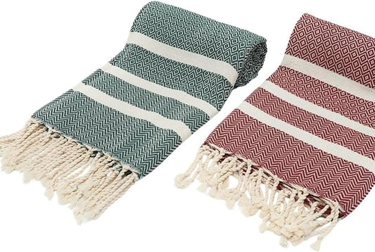 2 Pack Travel Cotton Blanket Twin Size Breathable Cozy Airplane Keep Warm Compact Vacation Essentials Car Camping Quick Dry Beach Sand Free Towel (Pine Green and Burgundy Red)