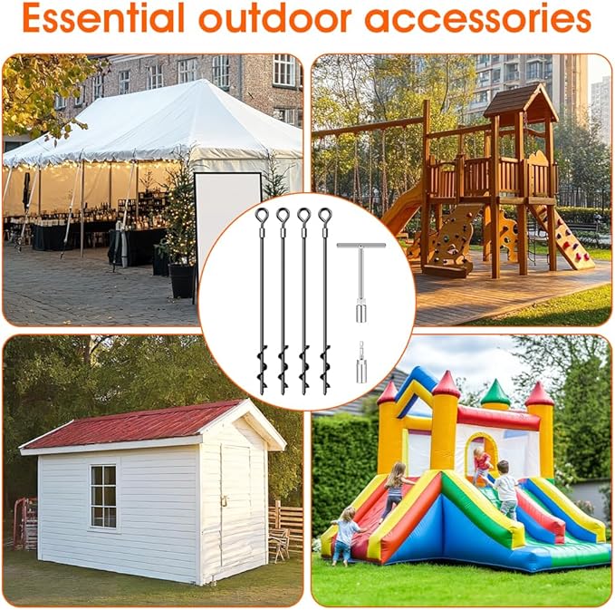 Ground Anchors 24“ Screw in Heavy Duty Ground Anchors,Tent Stakes for Camping Tent, Trampoline, Canopies, Carports, Sheds, Swing Sets, Black Anti-Rust Coating for High Wind (4 x 24“)