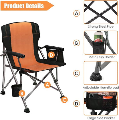 LEADALLWAY Folding Camping Chair Oversized Collapsible Camp Chair with Cup Holder and Removable Storage Bag, Heavy Duty Support 350 LBS, Portable Lawn Chair for Outdoor Camp, Picnic, Travel, Fishing