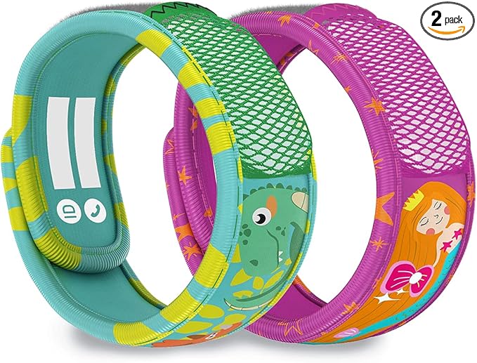 PARA'KITO Mosquito Repellent Pack - 2 Kids Wristbands & 2 Refills Green Dinosaur/Mermaid