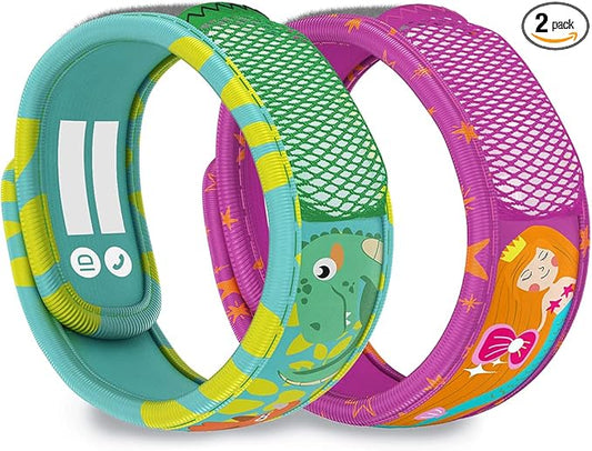 PARA'KITO Mosquito Repellent Pack - 2 Kids Wristbands & 2 Refills Green Dinosaur/Mermaid