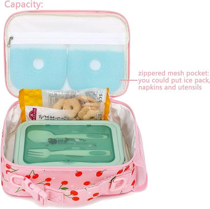 FlowFly Kids Lunch Bag, Durable Insulated School Lunch Box with Shoulder Strap and Bottle Holder, Water-resistant Thermal Small Lunch Cooler Tote for Teen Boys & Girls,Cherry