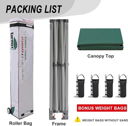 Eurmax USA Standard 10x10ft Patio Pop Up Canopy Tent for Outdoor Events Commercial Instant Canopies with Heavy Duty Roller Bag,Bonus 4 Canopy Sand Bags (Forest Green)
