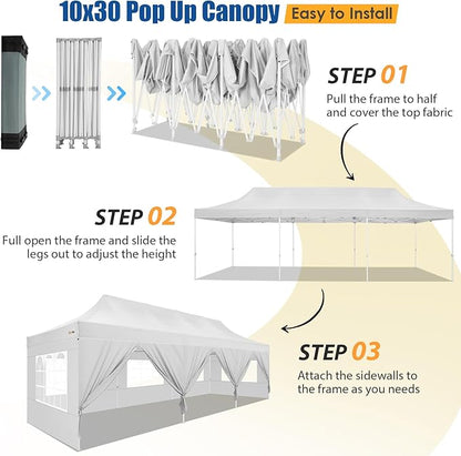 HOTEEL 10x30 Pop up Canopy Tent for Parties, Heavy Duty Easy Setup Tent with 8 Sidewalls, Outdoor Commercial Instant Gazebo for Wedding Event, with Portable Bag & Sand Bags, White(Hexagonal Frame)