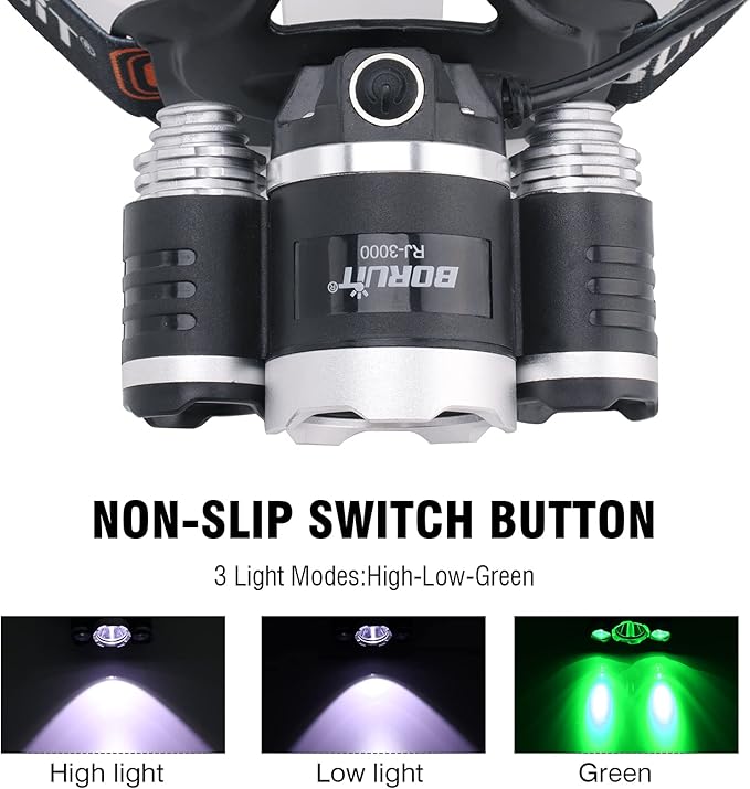 BORUIT RJ-3000 LED Rechargeable Headlamp with Green Light Super Bright 5000 Lumens Hunting Head Lamp 3 Mode Waterproof Head Light for Adult Fishing Camping Headlight Gear