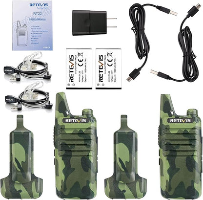 Retevis RT22 Walkie Talkies for Adults, Two Way Radio Long Range Rechargeable, Portable Two-Way Radios, Mini, VOX Handsfree, for Kids Family Camping Hiking Road Trip Adventure (2 Pack, Camouflage)