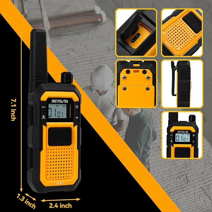 Retevis RB48 Heavy Duty Walkie Talkies, Waterproof Two Way Radio, Advanced Triple Proof, 2000 mAh, Emergency Alert, 2 Way Radio Long Range for Job Site (4 Pack) Yellow