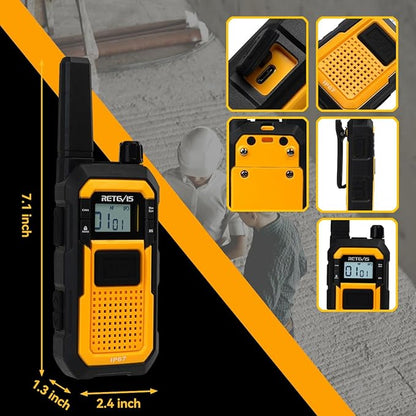 Retevis RB48 Heavy Duty Walkie Talkies, Waterproof Two Way Radio, Advanced Triple Proof, 2000 mAh, Emergency Alert, 2 Way Radio Long Range for Job Site (4 Pack) Yellow