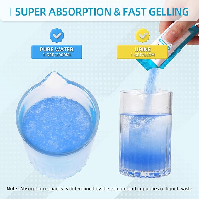 Portable Toilet Absorbent Gel Powder, 100 Pack Poo Gel for Camping Toilet Solid Waste and Urine, Eco Gel for Outdoor Recreation Hiking Fast-Acting Gel Deodorizing Treatment