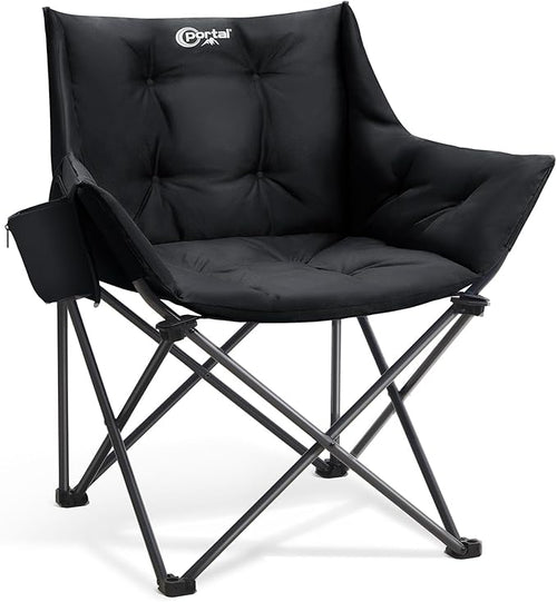 Portal Oversized Padded Camping Chair - Heavy Duty Folding Chair with Cup Holder & Side Pocket, Supports 330 lbs, for Camping, Lawn, Sports, Black