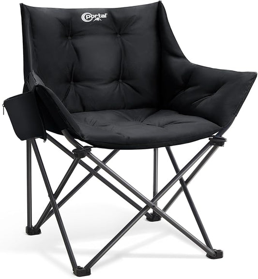 Portal Oversized Padded Camping Chair - Heavy Duty Folding Chair with Cup Holder & Side Pocket, Supports 330 lbs, for Camping, Lawn, Sports, Black