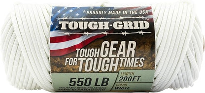 TOUGH-GRID Premium White Paracord 550 lbs Made in USA Outdoor Survival Nylon Rope Tactical Heavy Duty Strands Parachute Cord Used by US Military Type III Mil-Spec