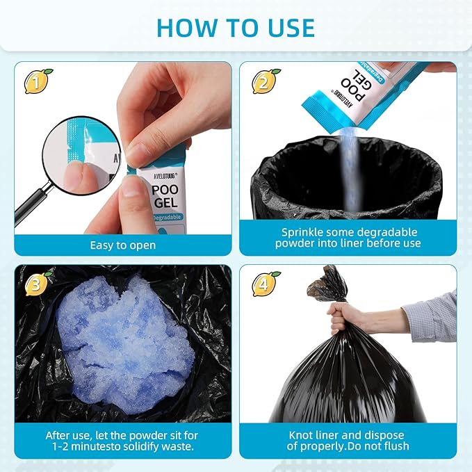 Portable Toilet Absorbent Gel Powder, 60 Pack Poo Gel for Camping Toilet Solid Waste and Urine, Eco Gel for Outdoor Recreation Hiking Fast-Acting Gel Deodorizing Treatment