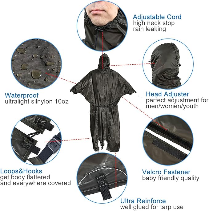 onewind Hooded Rain Poncho, Silnylon Camping Rain Coat Versatile Survival Shelter Lightweight Poncho for Hiking, Backpacking