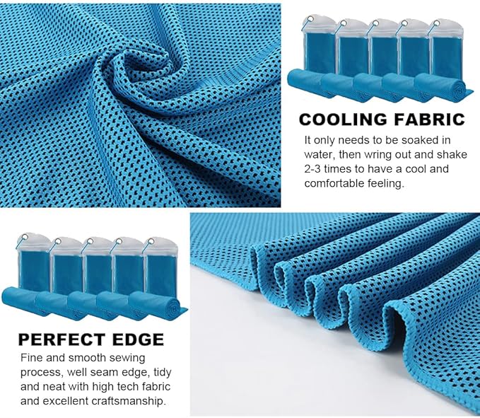 10 Pack Cooling Towels Bulk Microfiber Ice Towel Quick Dry Breathable Chilly Sweat Towel Stay Cool Towel for Neck Face Yoga Gym Workout Running Pilates Beach with Carabin Bag, 40x12'', Blue