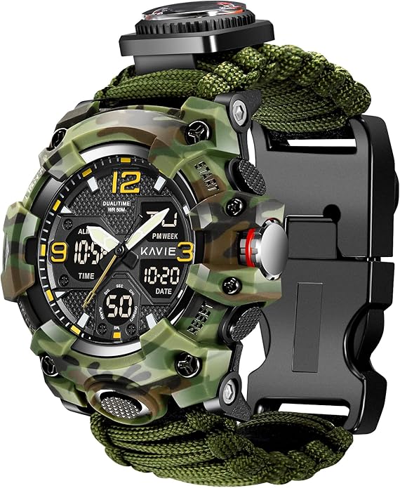 23-in-1 Survival Military Digital Watch, Mens Tactical Multi-Functional and Adjustable Wristband Outdoors Waterproof Sports Dual Dial Watches with Compass Paracord Band