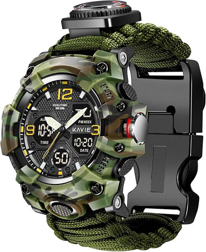 23-in-1 Survival Military Digital Watch, Mens Tactical Multi-Functional and Adjustable Wristband Outdoors Waterproof Sports Dual Dial Watches with Compass Paracord Band