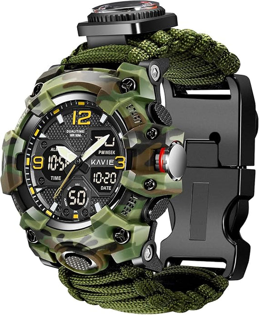 23-in-1 Survival Military Digital Watch, Mens Tactical Multi-Functional and Adjustable Wristband Outdoors Waterproof Sports Dual Dial Watches with Compass Paracord Band
