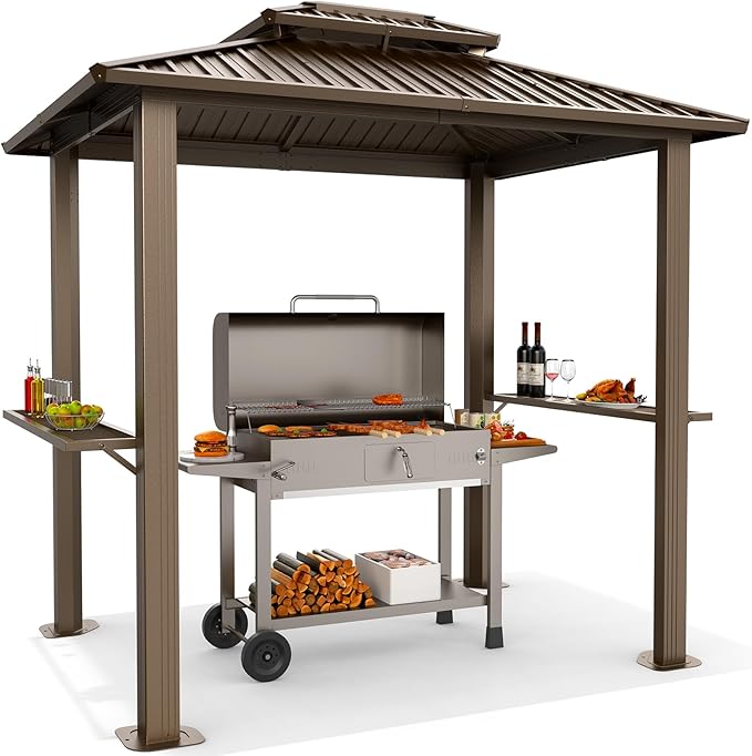Hoteel 6x8 Hardtop Grill Gazebo, Outdoor Patio BBQ Gazebo with Galvanized Steel Double Roof, Hardtop Barbecue Canopy with 2 Side Shelves for Deck Lawn Backyard Garden,Brown